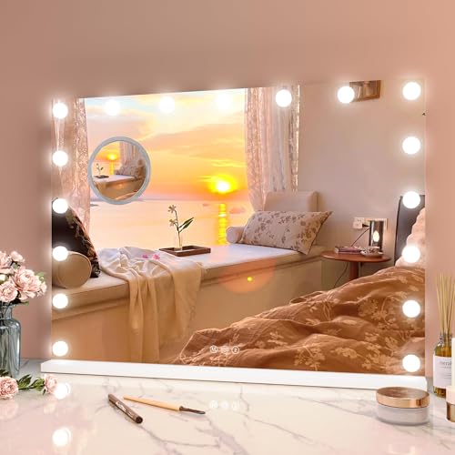 Vanity Mirror with Lights, Equipped with 17 Adjustable LED Lights, Featuring 3X Magnification, Smart Touch Controls with Three Adjustable Color Modes, and a Sleek White Metal Frame for a Modern Look