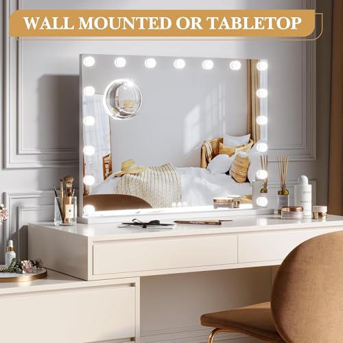 Vanity Mirror with Lights, Equipped with 17 Adjustable LED Lights, Featuring 3X Magnification, Smart Touch Controls with Three Adjustable Color Modes, and a Sleek White Metal Frame for a Modern Look