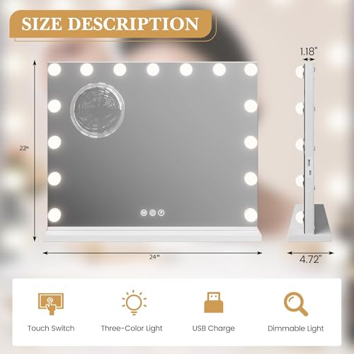 Vanity Mirror with Lights, Equipped with 17 Adjustable LED Lights, Featuring 3X Magnification, Smart Touch Controls with Three Adjustable Color Modes, and a Sleek White Metal Frame for a Modern Look