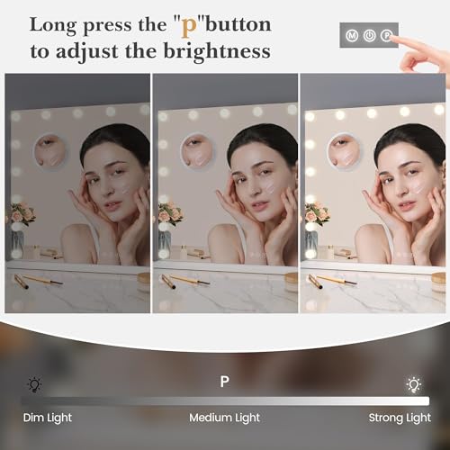 Vanity Mirror with Lights, Equipped with 17 Adjustable LED Lights, Featuring 3X Magnification, Smart Touch Controls with Three Adjustable Color Modes, and a Sleek White Metal Frame for a Modern Look