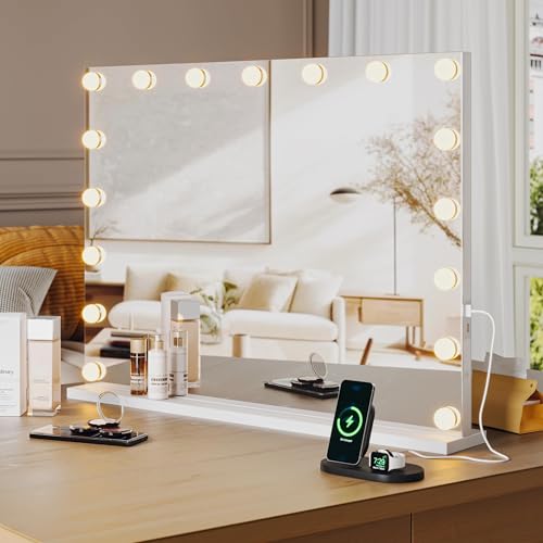 Vanity Mirror with Lights, Equipped with 17 Adjustable LED Lights, Featuring 3X Magnification, Smart Touch Controls with Three Adjustable Color Modes, and a Sleek White Metal Frame for a Modern Look