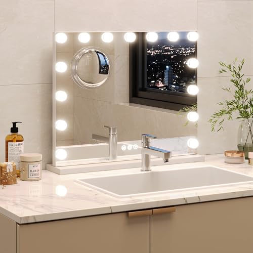 Vanity Mirror with Lights, Equipped with 17 Adjustable LED Lights, Featuring 3X Magnification, Smart Touch Controls with Three Adjustable Color Modes, and a Sleek White Metal Frame for a Modern Look