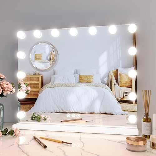 Vanity Mirror with Lights, Equipped with 17 Adjustable LED Lights, Featuring 3X Magnification, Smart Touch Controls with Three Adjustable Color Modes, and a Sleek White Metal Frame for a Modern Look