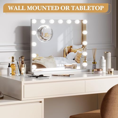 Vanity Mirror with Lights, Equipped with 17 Adjustable LED Lights, Featuring 3X Magnification, Smart Touch Controls with Three Adjustable Color Modes, and a Sleek White Metal Frame for a Modern Look