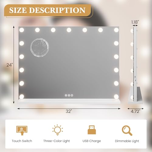 Vanity Mirror with Lights, Equipped with 17 Adjustable LED Lights, Featuring 3X Magnification, Smart Touch Controls with Three Adjustable Color Modes, and a Sleek White Metal Frame for a Modern Look