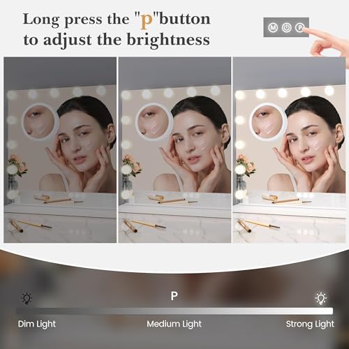Vanity Mirror with Lights, Equipped with 17 Adjustable LED Lights, Featuring 3X Magnification, Smart Touch Controls with Three Adjustable Color Modes, and a Sleek White Metal Frame for a Modern Look