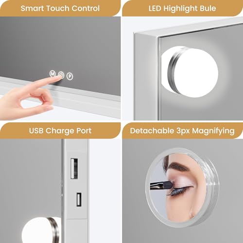 Vanity Mirror with Lights, Equipped with 17 Adjustable LED Lights, Featuring 3X Magnification, Smart Touch Controls with Three Adjustable Color Modes, and a Sleek White Metal Frame for a Modern Look