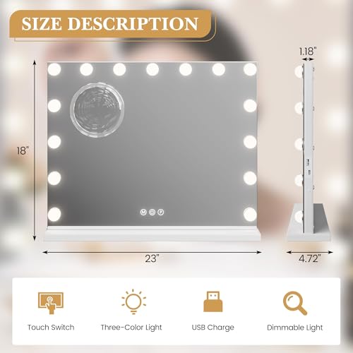 Vanity Mirror with Lights, Equipped with 17 Adjustable LED Lights, Featuring 3X Magnification, Smart Touch Controls with Three Adjustable Color Modes, and a Sleek White Metal Frame for a Modern Look