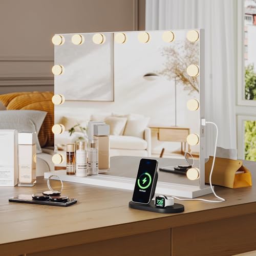 Vanity Mirror with Lights, Equipped with 17 Adjustable LED Lights, Featuring 3X Magnification, Smart Touch Controls with Three Adjustable Color Modes, and a Sleek White Metal Frame for a Modern Look