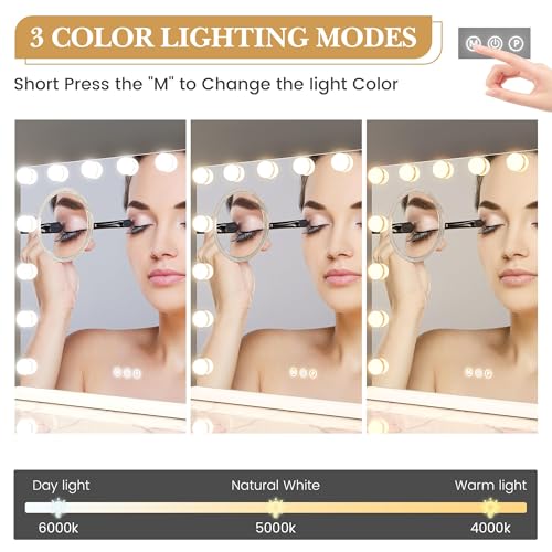 Vanity Mirror with Lights, Equipped with 17 Adjustable LED Lights, Featuring 3X Magnification, Smart Touch Controls with Three Adjustable Color Modes, and a Sleek White Metal Frame for a Modern Look
