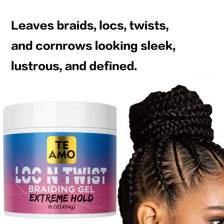 Te Amo Braiding Gel – Extreme Hold Braid | Cornrows | Long-Lasting Braiding Gel | Lock N Twist | No Flaking, High Shine for Braids, Locs, Twists & Cornrows (8 oz)