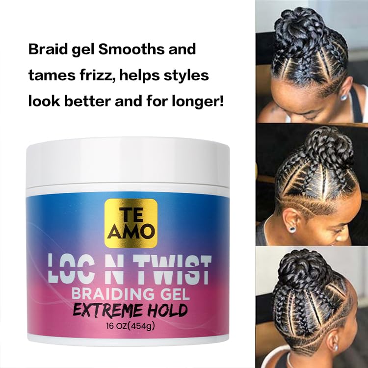 Te Amo Braiding Gel – Extreme Hold Braid | Cornrows | Long-Lasting Braiding Gel | Lock N Twist | No Flaking, High Shine for Braids, Locs, Twists & Cornrows (8 oz)