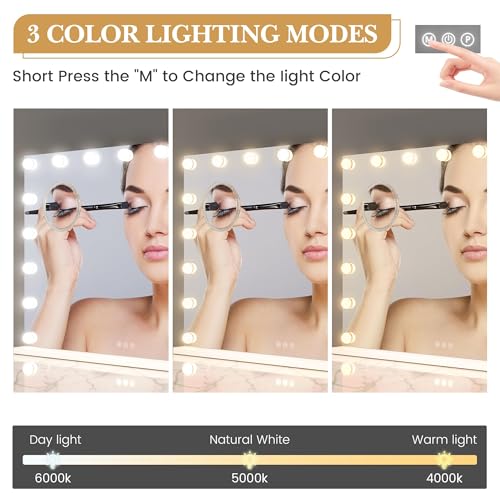 Vanity Mirror with Lights, Equipped with 17 Adjustable LED Lights, Featuring 3X Magnification, Smart Touch Controls with Three Adjustable Color Modes, and a Sleek White Metal Frame for a Modern Look