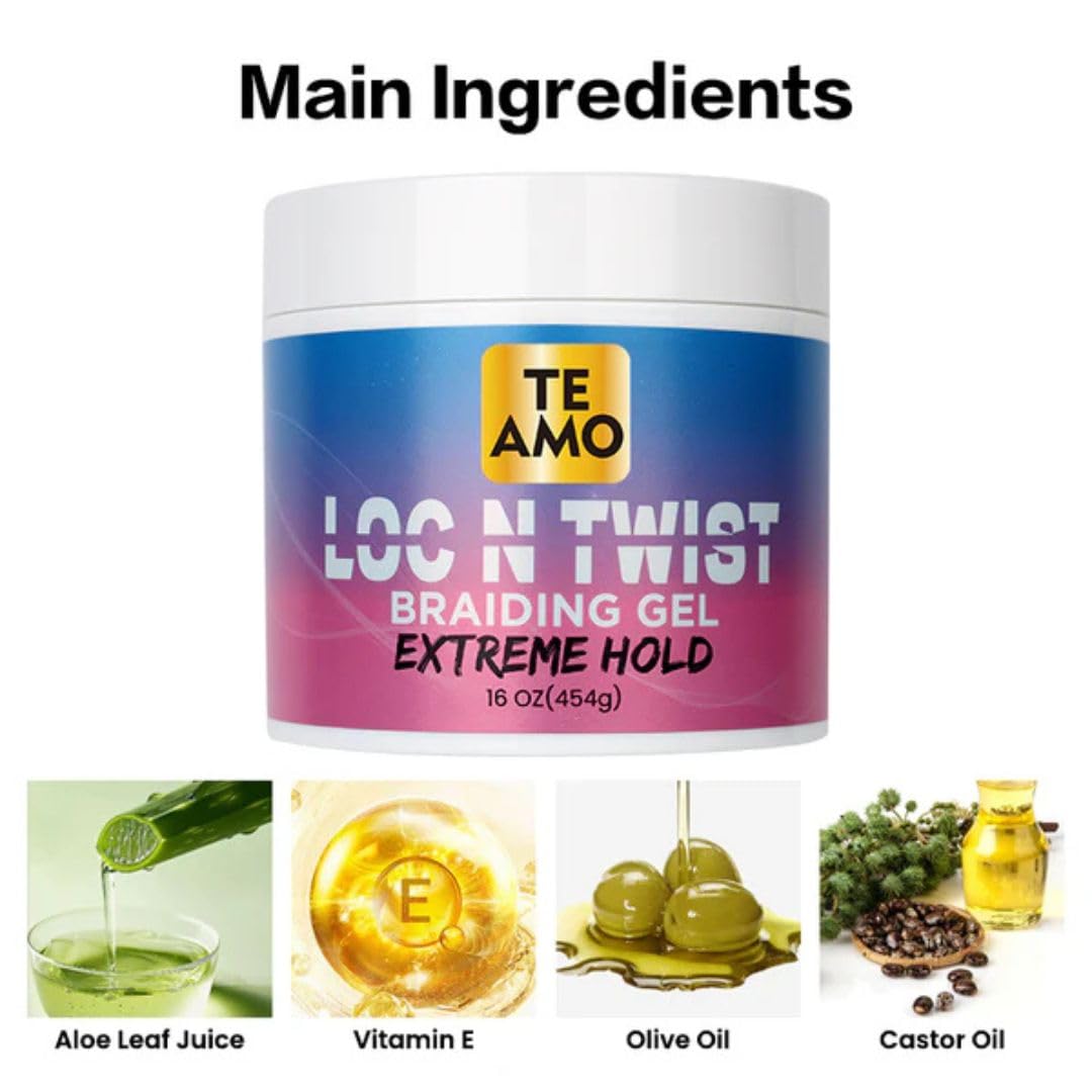 Te Amo Braiding Gel – Extreme Hold Braid | Cornrows | Long-Lasting Braiding Gel | Lock N Twist | No Flaking, High Shine for Braids, Locs, Twists & Cornrows (8 oz)