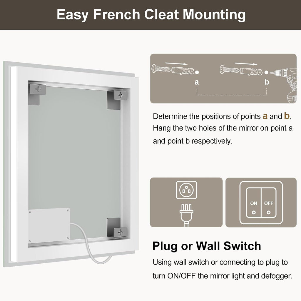 24 x 36 Inches LED Bathroom Mirror with Dimmable Lights, Anti-Fog Lighted Vanity Mirror, Front and Backlit, Tempered Glass, 3 Color Modes, Memory Function, Sleek Elegant Design