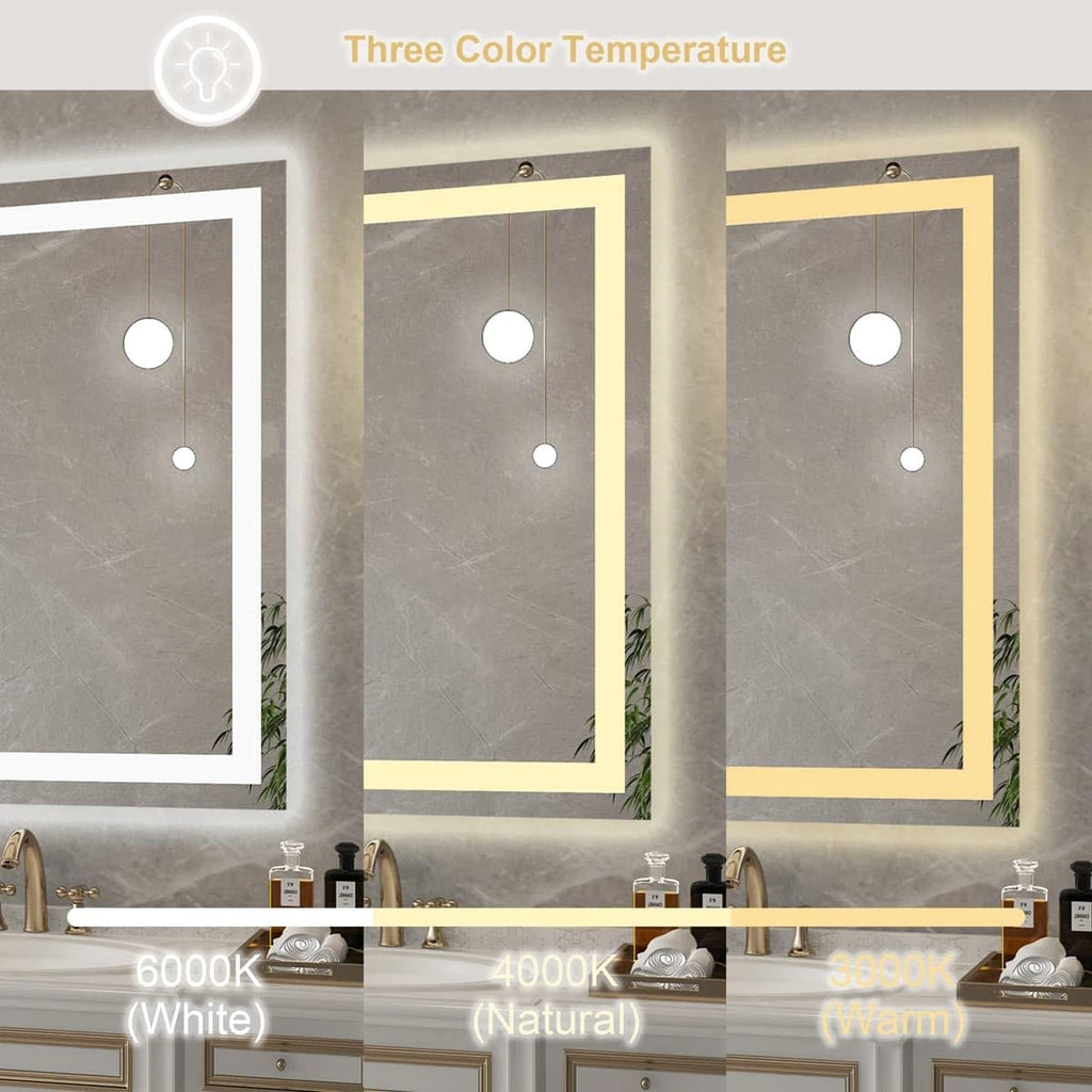 24 x 36 Inches LED Bathroom Mirror with Dimmable Lights, Anti-Fog Lighted Vanity Mirror, Front and Backlit, Tempered Glass, 3 Color Modes, Memory Function, Sleek Elegant Design