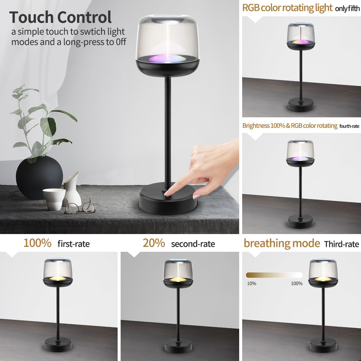 LED Table Lamp, Cordless Touch Lamp with 5 Lighting Mode, Rechargeable Battery LED Desk Lamp, Sleek Design & RGB Mode, Night Light for Living Room, Bedroom, Home Gifts, Outdoor bar