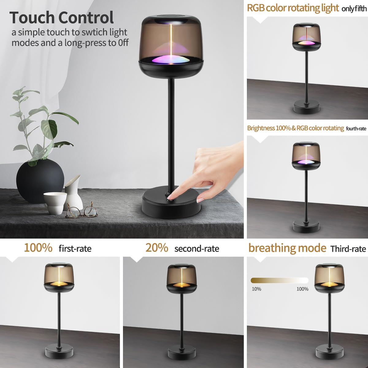 LED Table Lamp, Cordless Touch Lamp with 5 Lighting Mode, Rechargeable Battery LED Desk Lamp, Sleek Design & RGB Mode, Night Light for Living Room, Bedroom, Home Gifts, Outdoor bar