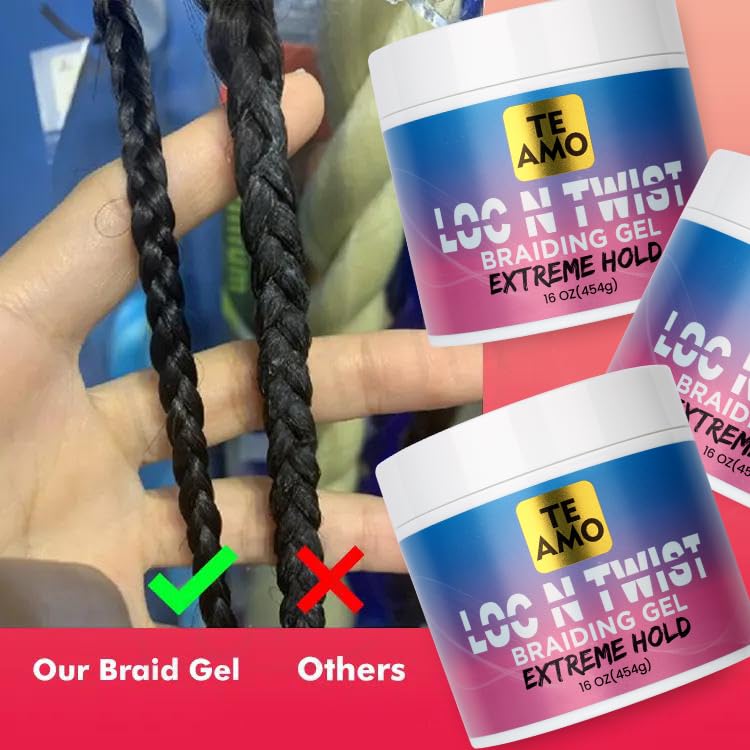 Te Amo Braiding Gel – Extreme Hold Braid | Cornrows | Long-Lasting Braiding Gel | Lock N Twist | No Flaking, High Shine for Braids, Locs, Twists & Cornrows (8 oz)