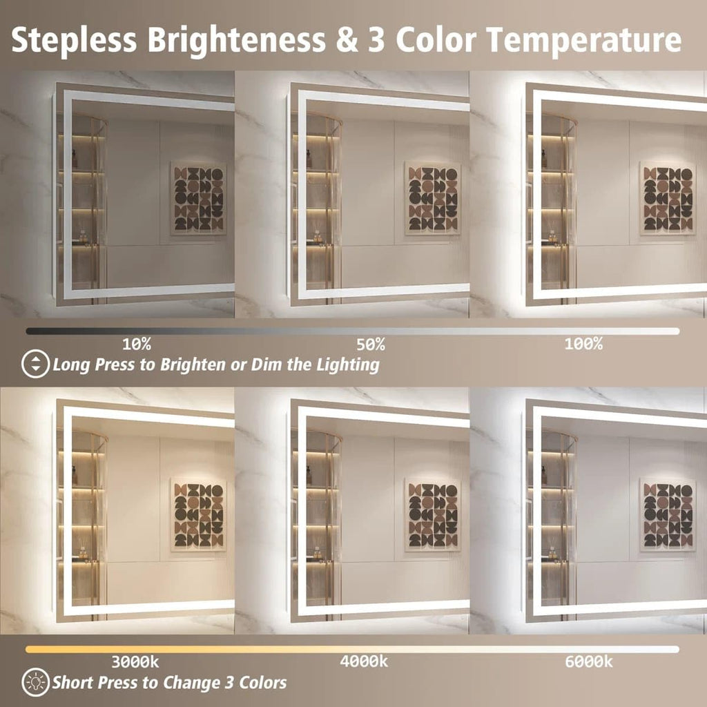 24 x 36 Inches LED Bathroom Mirror with Dimmable Lights, Anti-Fog Lighted Vanity Mirror, Front and Backlit, Tempered Glass, 3 Color Modes, Memory Function, Sleek Elegant Design