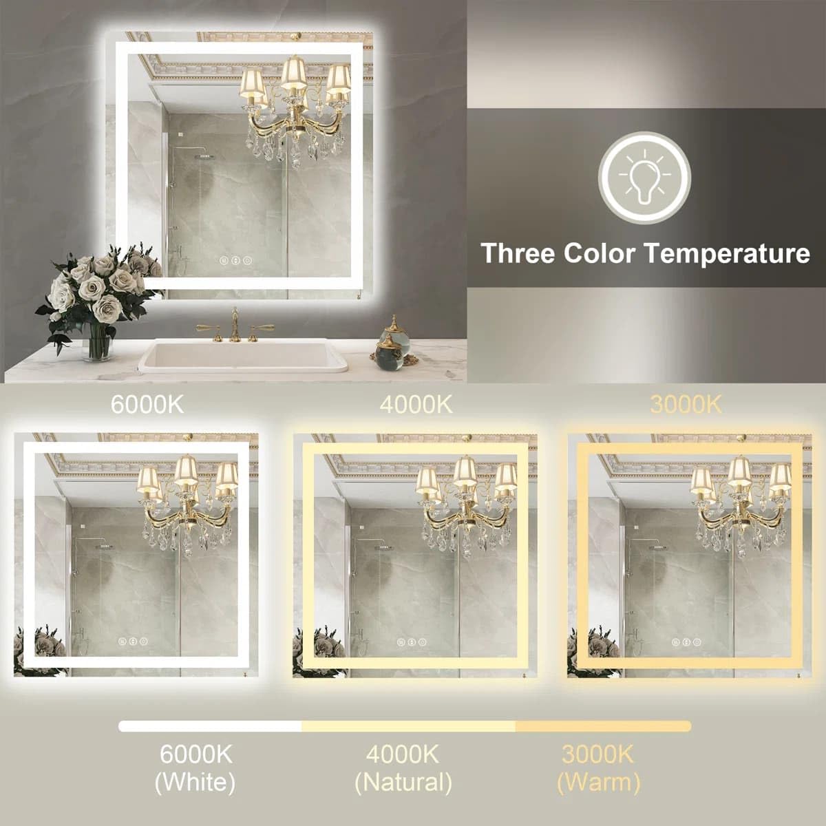 24 x 36 Inches LED Bathroom Mirror with Dimmable Lights, Anti-Fog Lighted Vanity Mirror, Front and Backlit, Tempered Glass, 3 Color Modes, Memory Function, Sleek Elegant Design