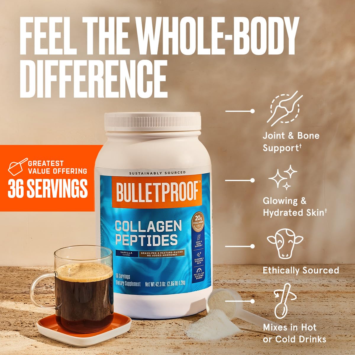 Bulletproof Chocolate Collagen Protein Powder with MCT Oil, 19g Protein, 42.3 Oz, Value Size, Collagen Peptides and Amino Acids for Healthy Skin, Bones and Joints