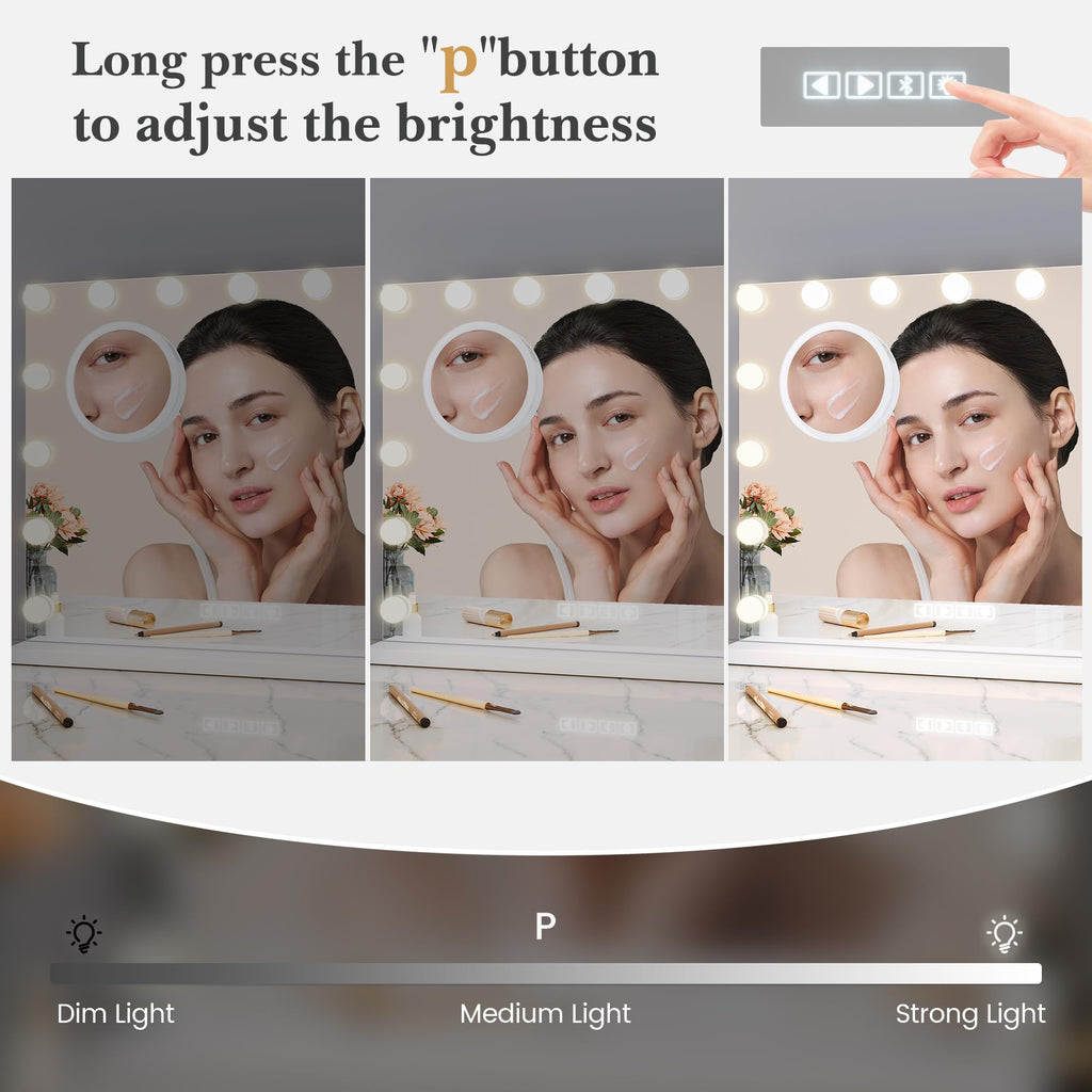 Vanity Mirror with Lights, Equipped with 17 Adjustable LED Lights, Featuring 3X Magnification, Smart Touch Controls with Three Adjustable Color Modes, and a Sleek White Metal Frame for a Modern Look
