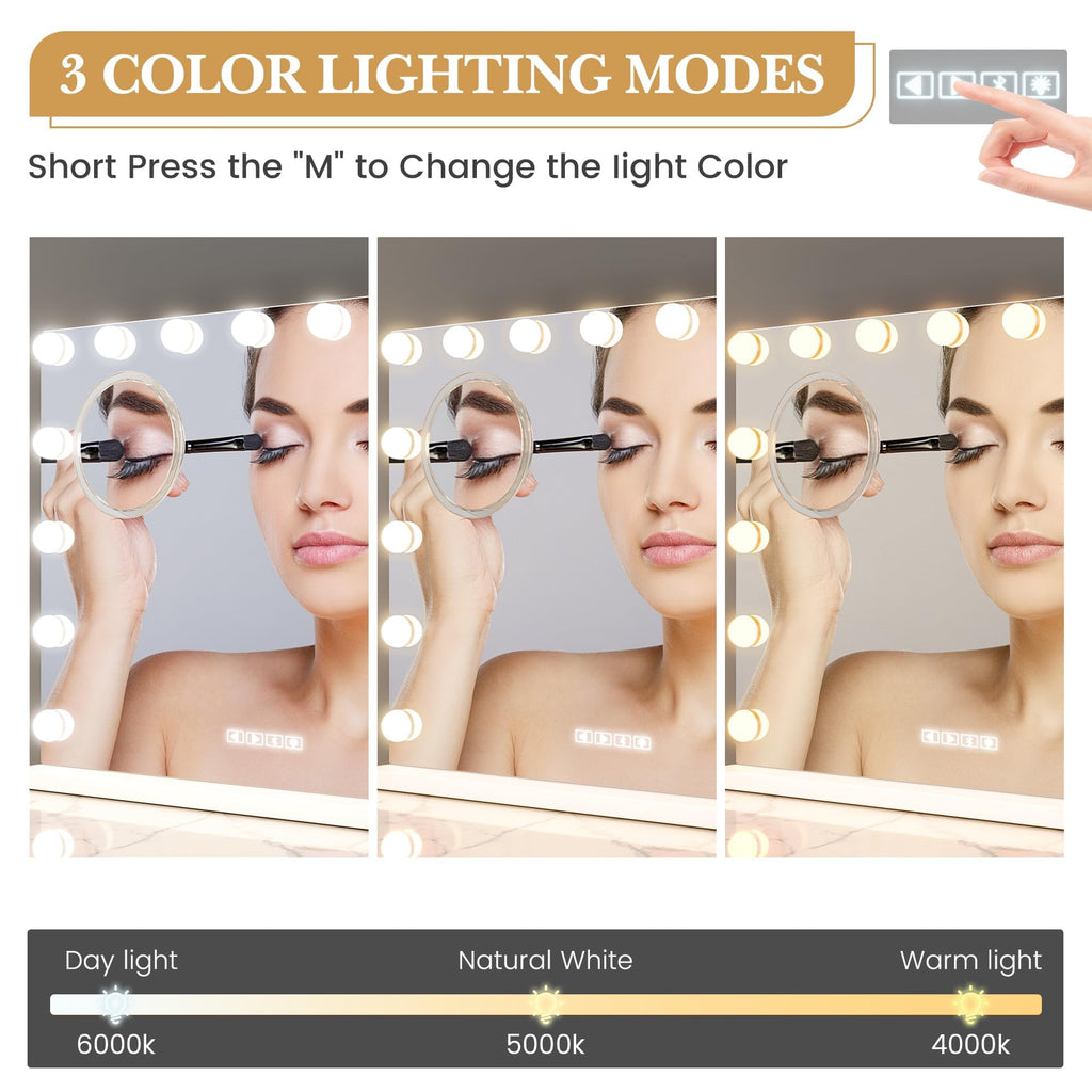 Vanity Mirror with Lights, Equipped with 17 Adjustable LED Lights, Featuring 3X Magnification, Smart Touch Controls with Three Adjustable Color Modes, and a Sleek White Metal Frame for a Modern Look