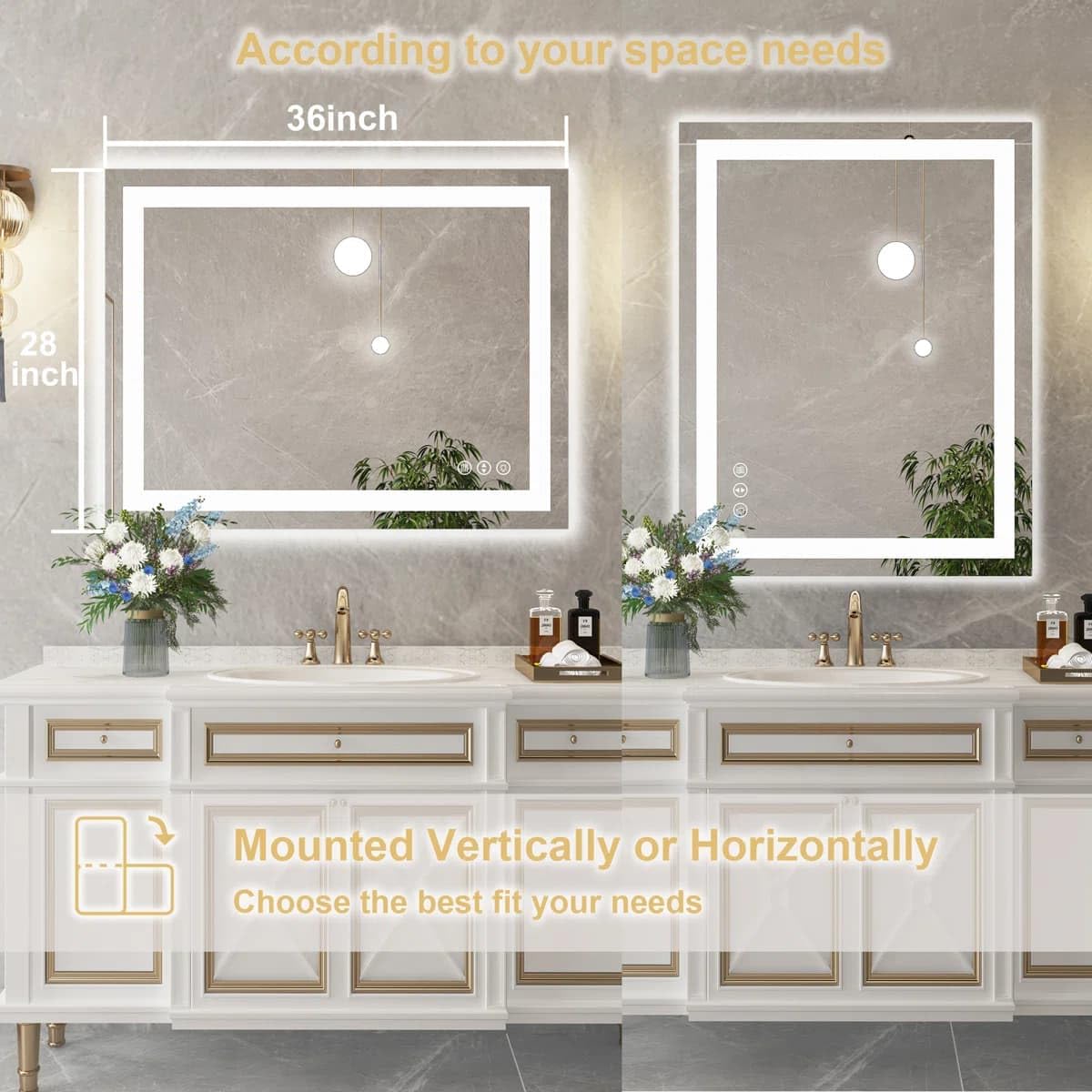 24 x 36 Inches LED Bathroom Mirror with Dimmable Lights, Anti-Fog Lighted Vanity Mirror, Front and Backlit, Tempered Glass, 3 Color Modes, Memory Function, Sleek Elegant Design