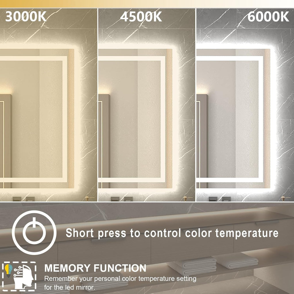 24 x 36 Inches LED Bathroom Mirror with Dimmable Lights, Anti-Fog Lighted Vanity Mirror, Front and Backlit, Tempered Glass, 3 Color Modes, Memory Function, Sleek Elegant Design
