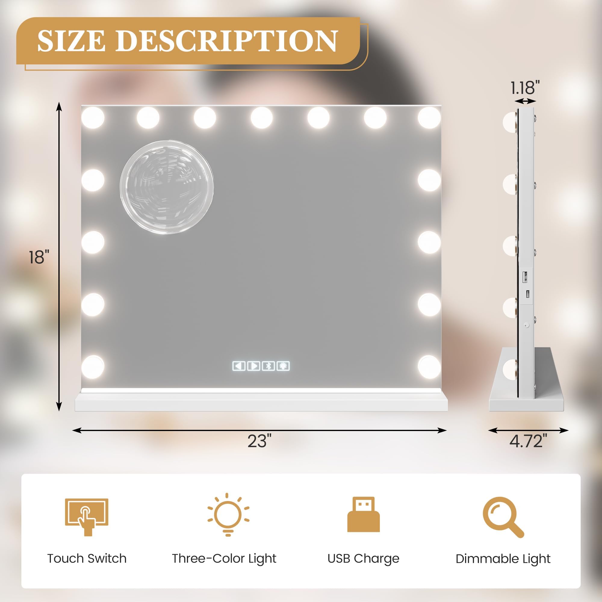Vanity Mirror with Lights, Equipped with 17 Adjustable LED Lights, Featuring 3X Magnification, Smart Touch Controls with Three Adjustable Color Modes, and a Sleek White Metal Frame for a Modern Look