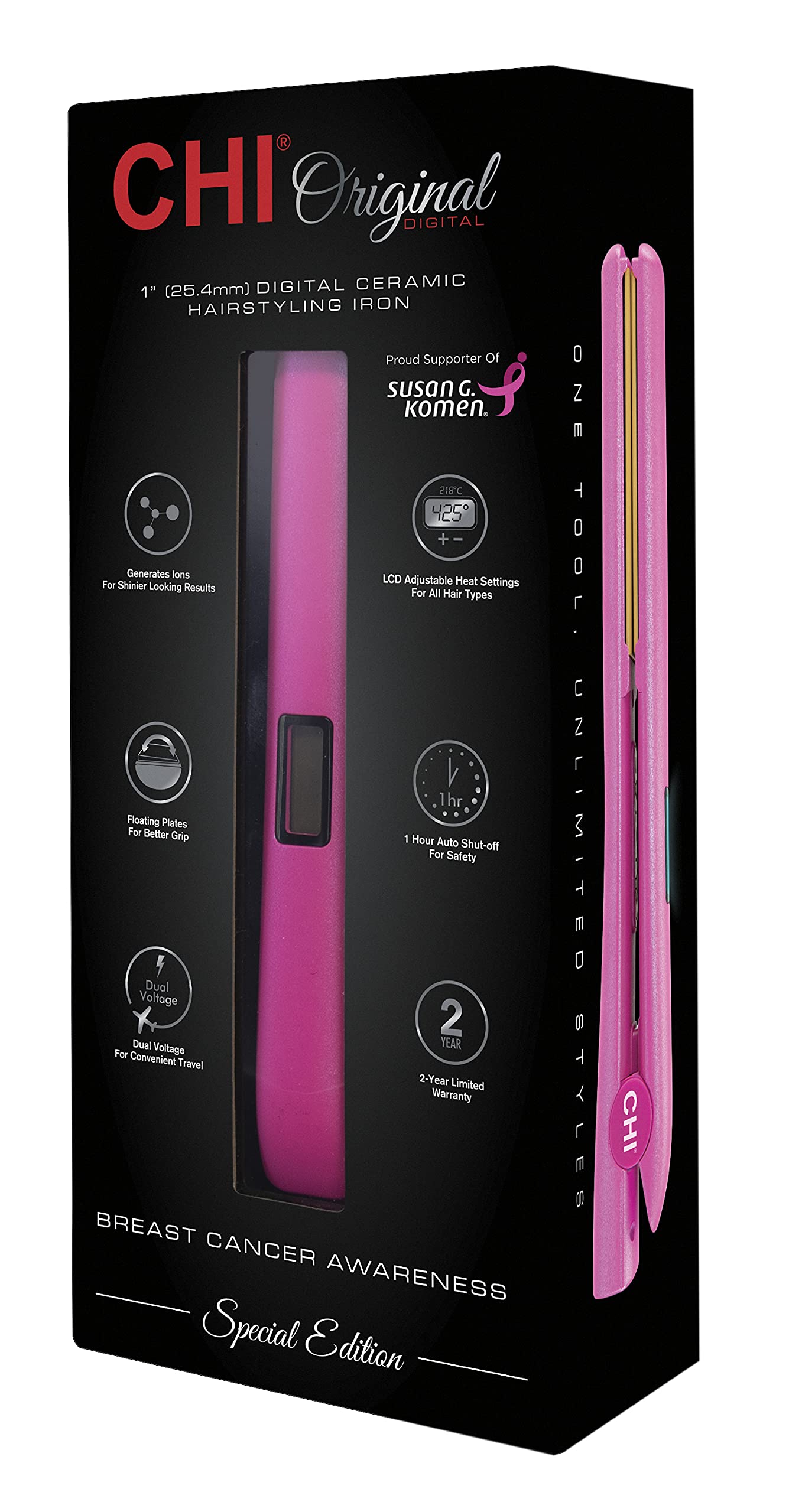 CHI Original Digital Ceramic Hairstyling Iron, Hair Straightener Delivers Shiny, Smooth Results, Even Heat for Less Damage, 1" Iron, Piano Black