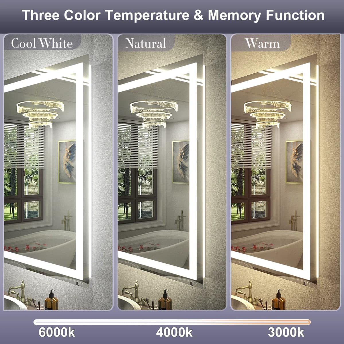 24 x 36 Inches LED Bathroom Mirror with Dimmable Lights, Anti-Fog Lighted Vanity Mirror, Front and Backlit, Tempered Glass, 3 Color Modes, Memory Function, Sleek Elegant Design
