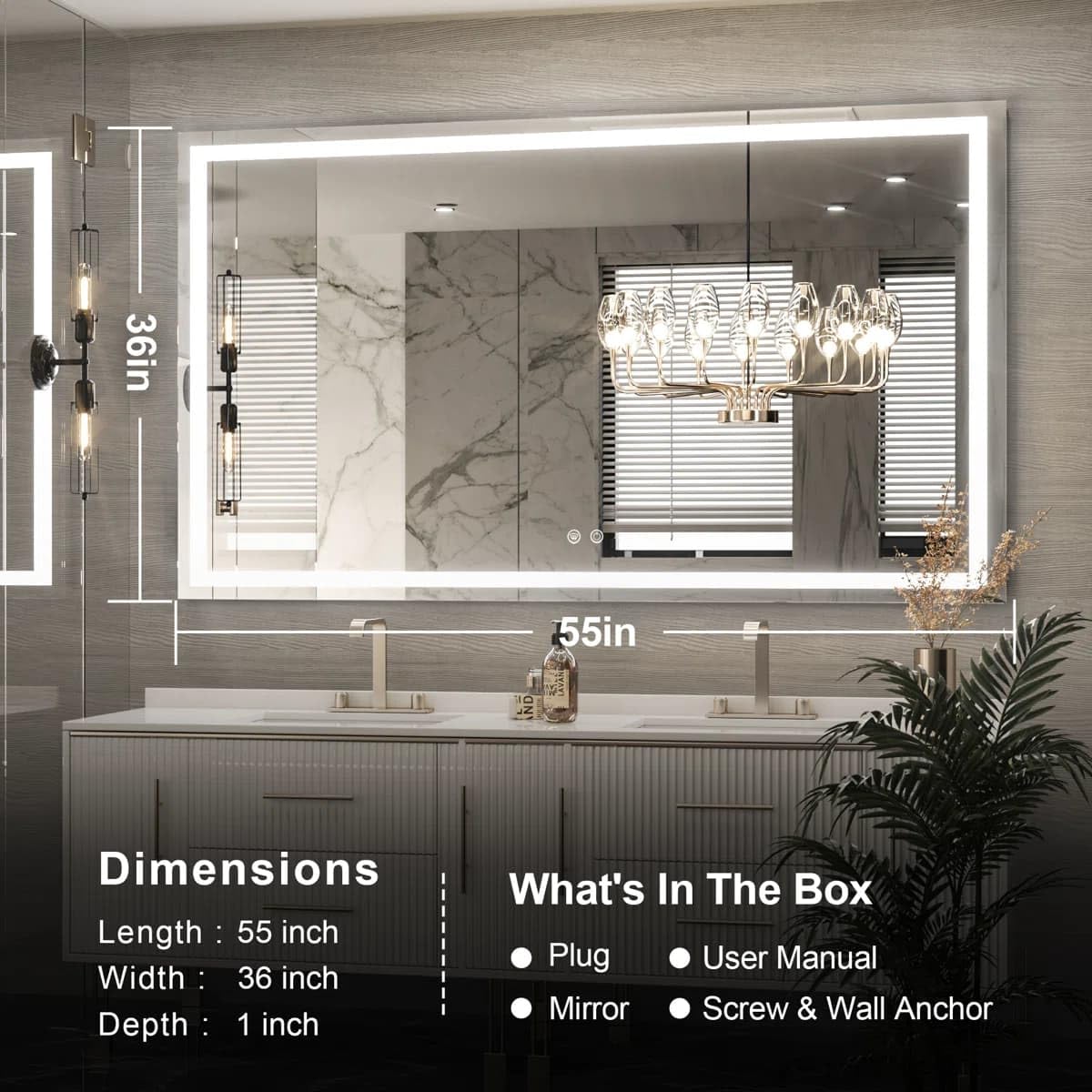 24 x 36 Inches LED Bathroom Mirror with Dimmable Lights, Anti-Fog Lighted Vanity Mirror, Front and Backlit, Tempered Glass, 3 Color Modes, Memory Function, Sleek Elegant Design
