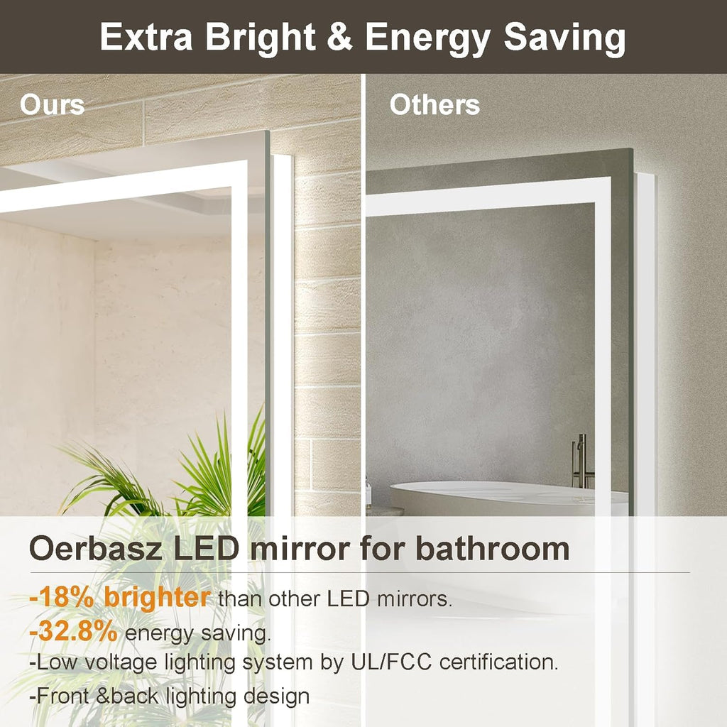 24 x 36 Inches LED Bathroom Mirror with Dimmable Lights, Anti-Fog Lighted Vanity Mirror, Front and Backlit, Tempered Glass, 3 Color Modes, Memory Function, Sleek Elegant Design