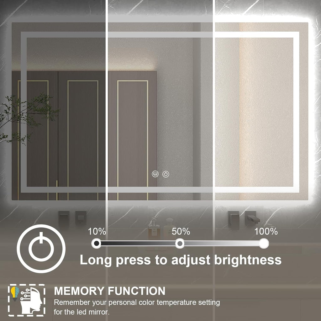 24 x 36 Inches LED Bathroom Mirror with Dimmable Lights, Anti-Fog Lighted Vanity Mirror, Front and Backlit, Tempered Glass, 3 Color Modes, Memory Function, Sleek Elegant Design