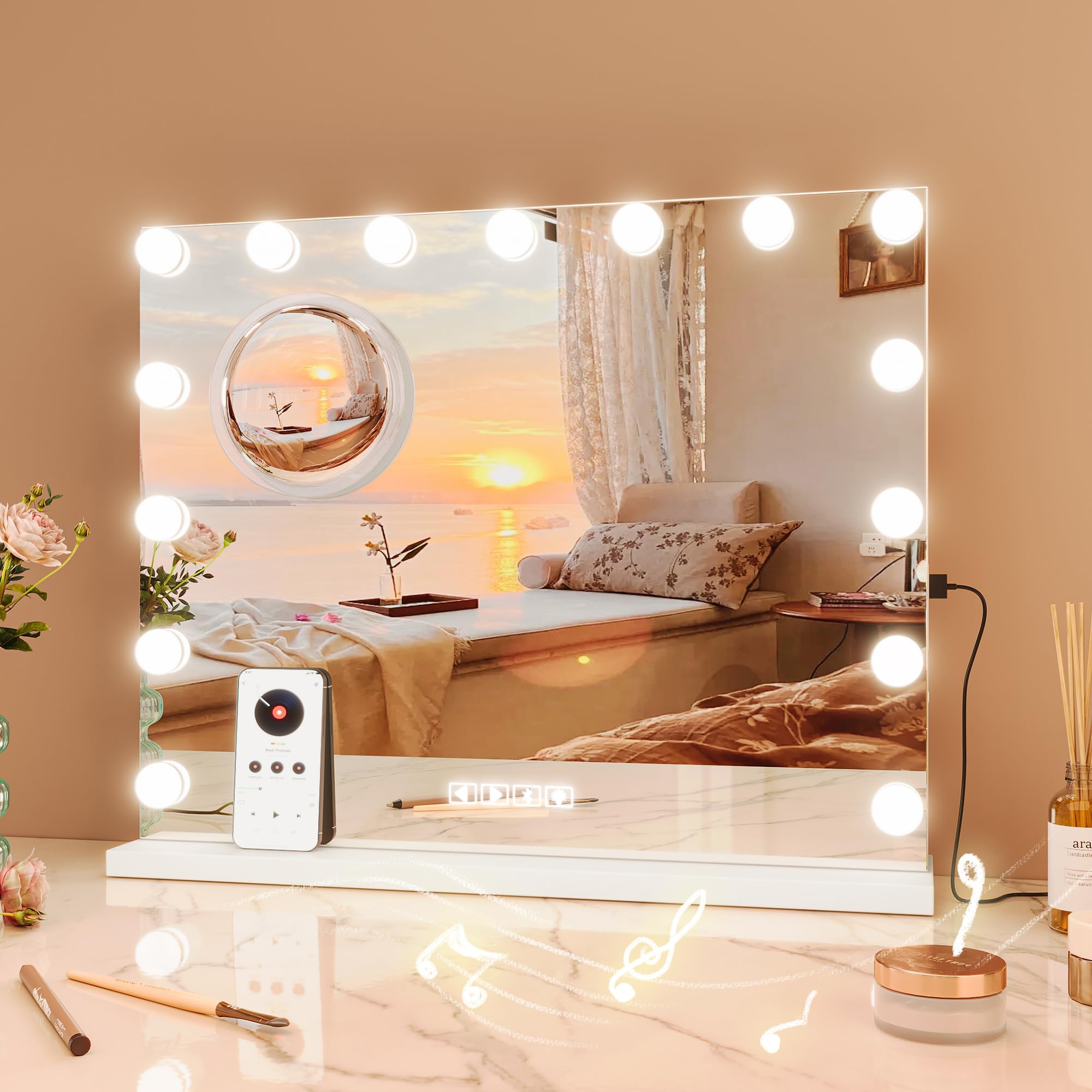 Vanity Mirror with Lights, Equipped with 17 Adjustable LED Lights, Featuring 3X Magnification, Smart Touch Controls with Three Adjustable Color Modes, and a Sleek White Metal Frame for a Modern Look