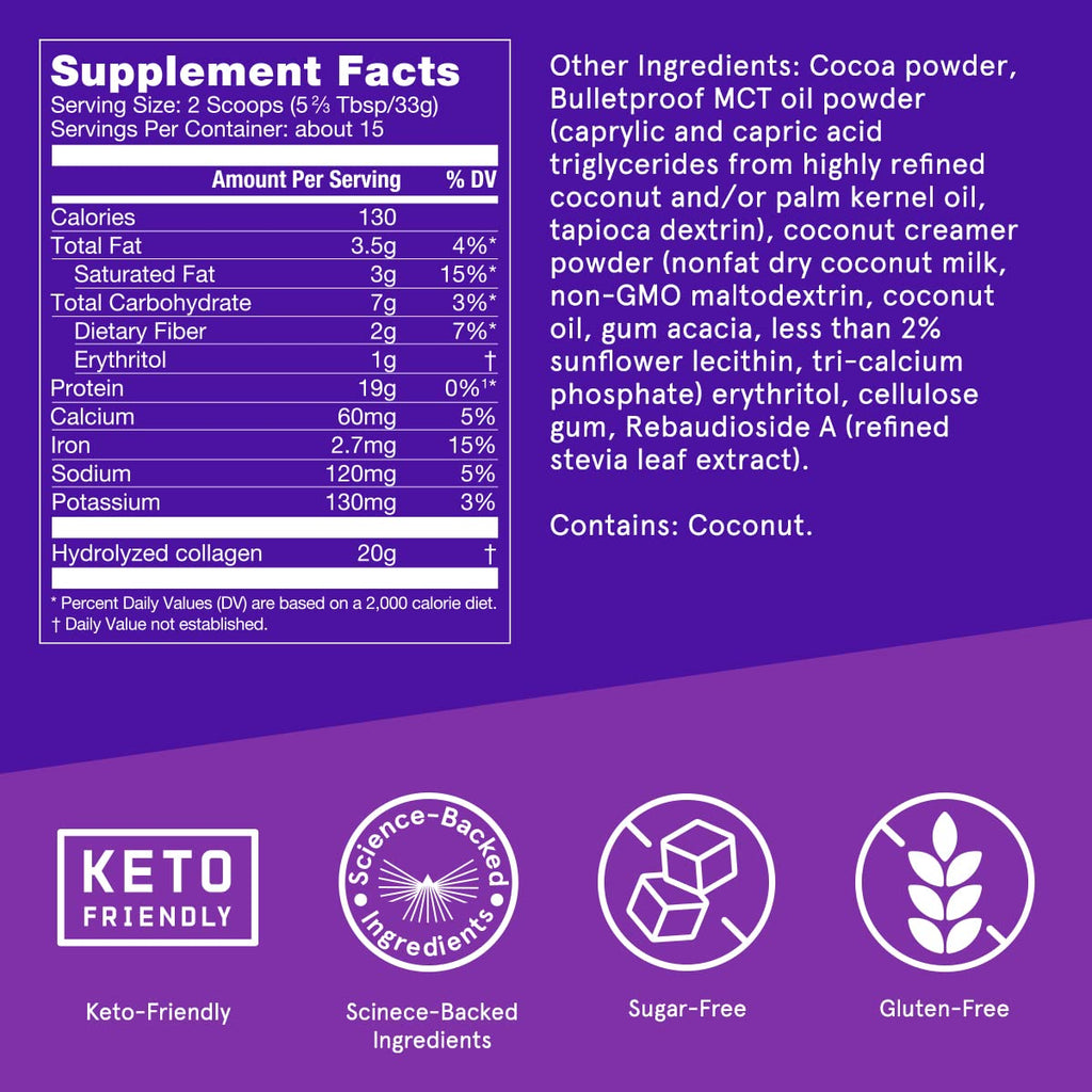 Bulletproof Chocolate Collagen Protein Powder with MCT Oil, 19g Protein, 42.3 Oz, Value Size, Collagen Peptides and Amino Acids for Healthy Skin, Bones and Joints