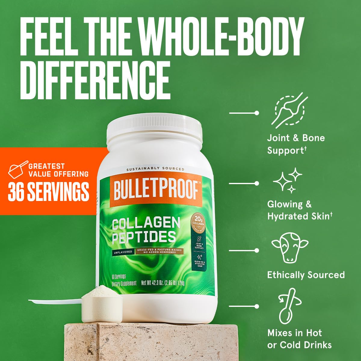 Bulletproof Chocolate Collagen Protein Powder with MCT Oil, 19g Protein, 42.3 Oz, Value Size, Collagen Peptides and Amino Acids for Healthy Skin, Bones and Joints