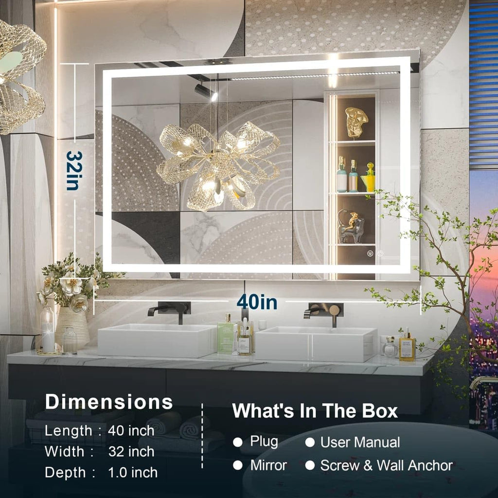 24 x 36 Inches LED Bathroom Mirror with Dimmable Lights, Anti-Fog Lighted Vanity Mirror, Front and Backlit, Tempered Glass, 3 Color Modes, Memory Function, Sleek Elegant Design