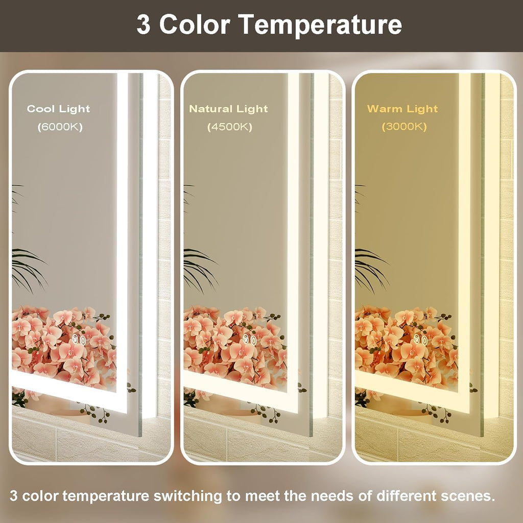 24 x 36 Inches LED Bathroom Mirror with Dimmable Lights, Anti-Fog Lighted Vanity Mirror, Front and Backlit, Tempered Glass, 3 Color Modes, Memory Function, Sleek Elegant Design