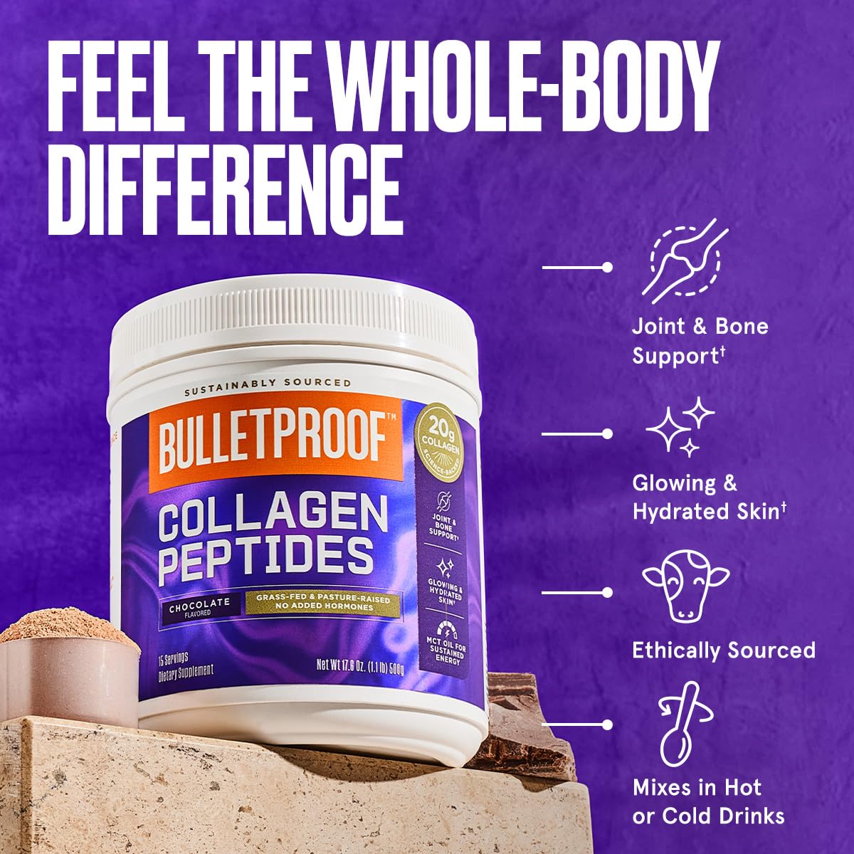 Bulletproof Chocolate Collagen Protein Powder with MCT Oil, 19g Protein, 42.3 Oz, Value Size, Collagen Peptides and Amino Acids for Healthy Skin, Bones and Joints