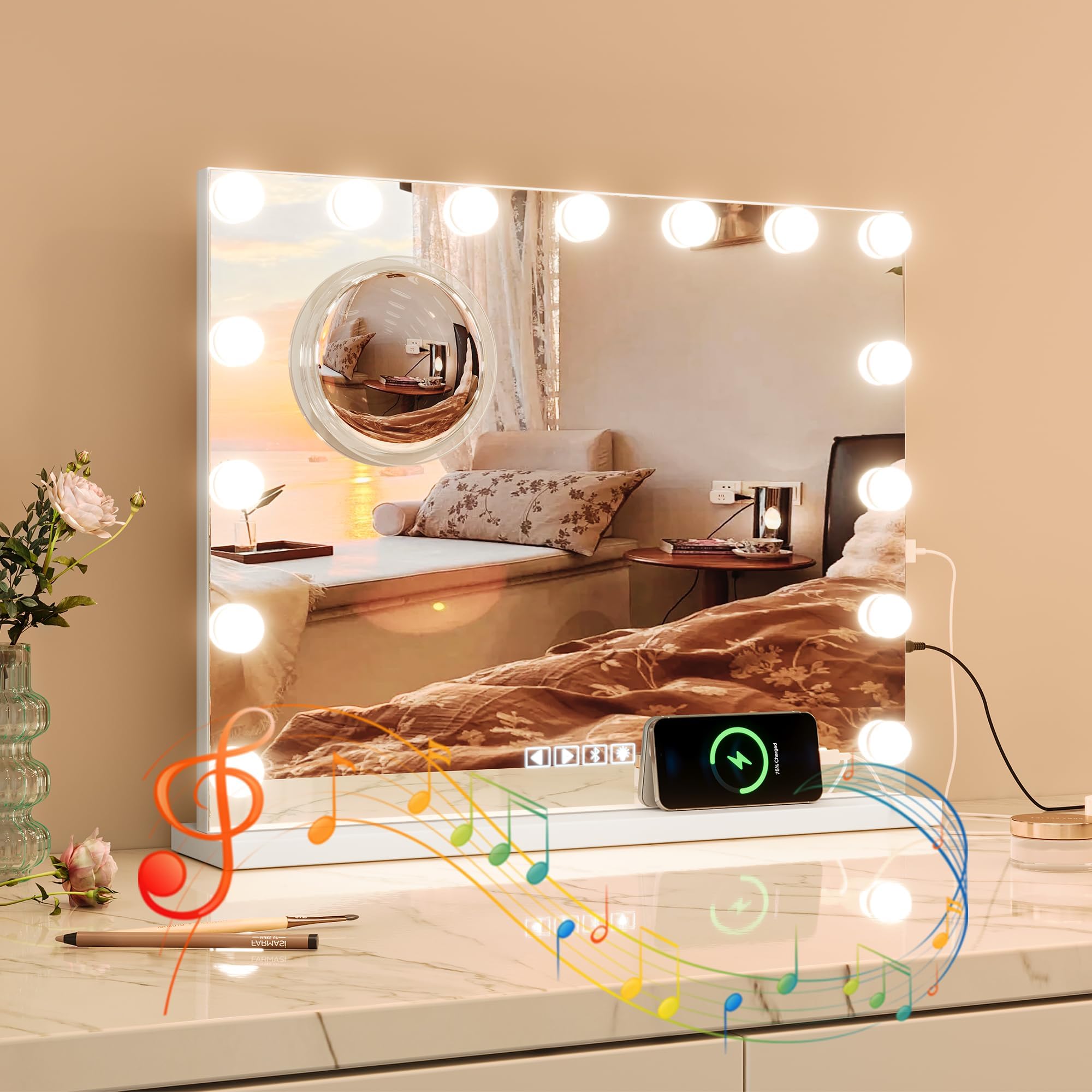 Vanity Mirror with Lights, Equipped with 17 Adjustable LED Lights, Featuring 3X Magnification, Smart Touch Controls with Three Adjustable Color Modes, and a Sleek White Metal Frame for a Modern Look