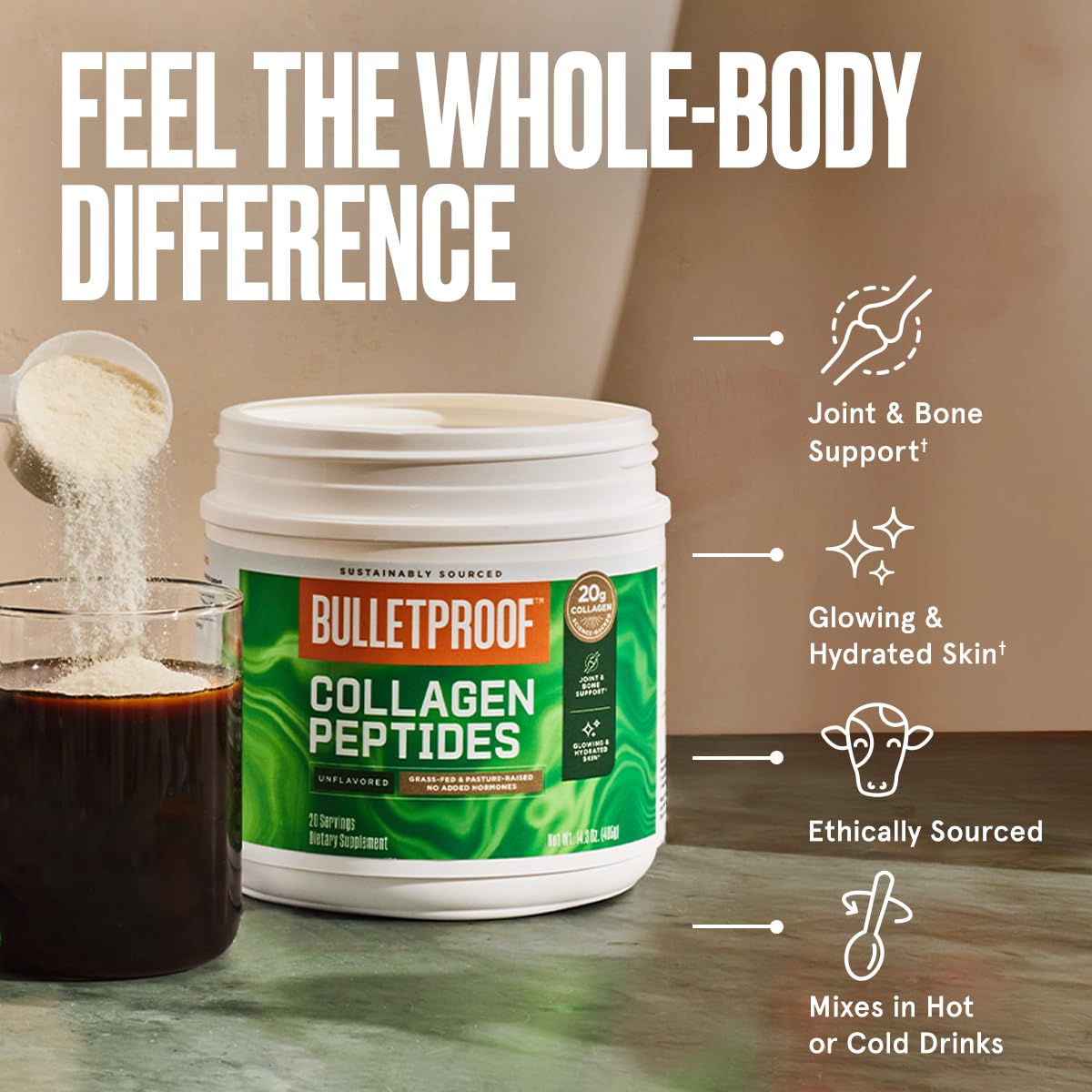 Bulletproof Chocolate Collagen Protein Powder with MCT Oil, 19g Protein, 42.3 Oz, Value Size, Collagen Peptides and Amino Acids for Healthy Skin, Bones and Joints
