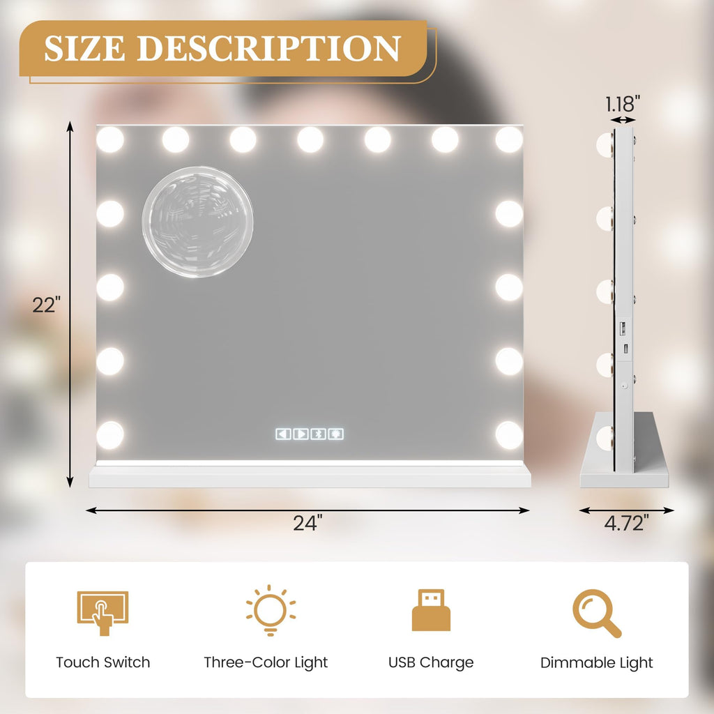 Vanity Mirror with Lights, Equipped with 17 Adjustable LED Lights, Featuring 3X Magnification, Smart Touch Controls with Three Adjustable Color Modes, and a Sleek White Metal Frame for a Modern Look
