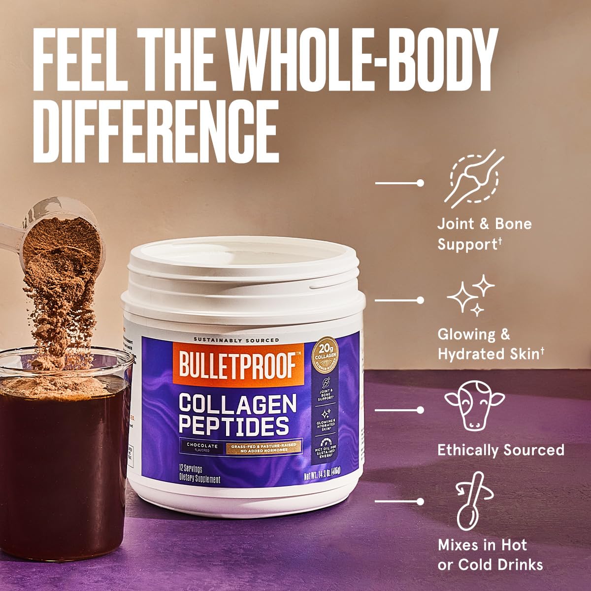 Bulletproof Chocolate Collagen Protein Powder with MCT Oil, 19g Protein, 42.3 Oz, Value Size, Collagen Peptides and Amino Acids for Healthy Skin, Bones and Joints