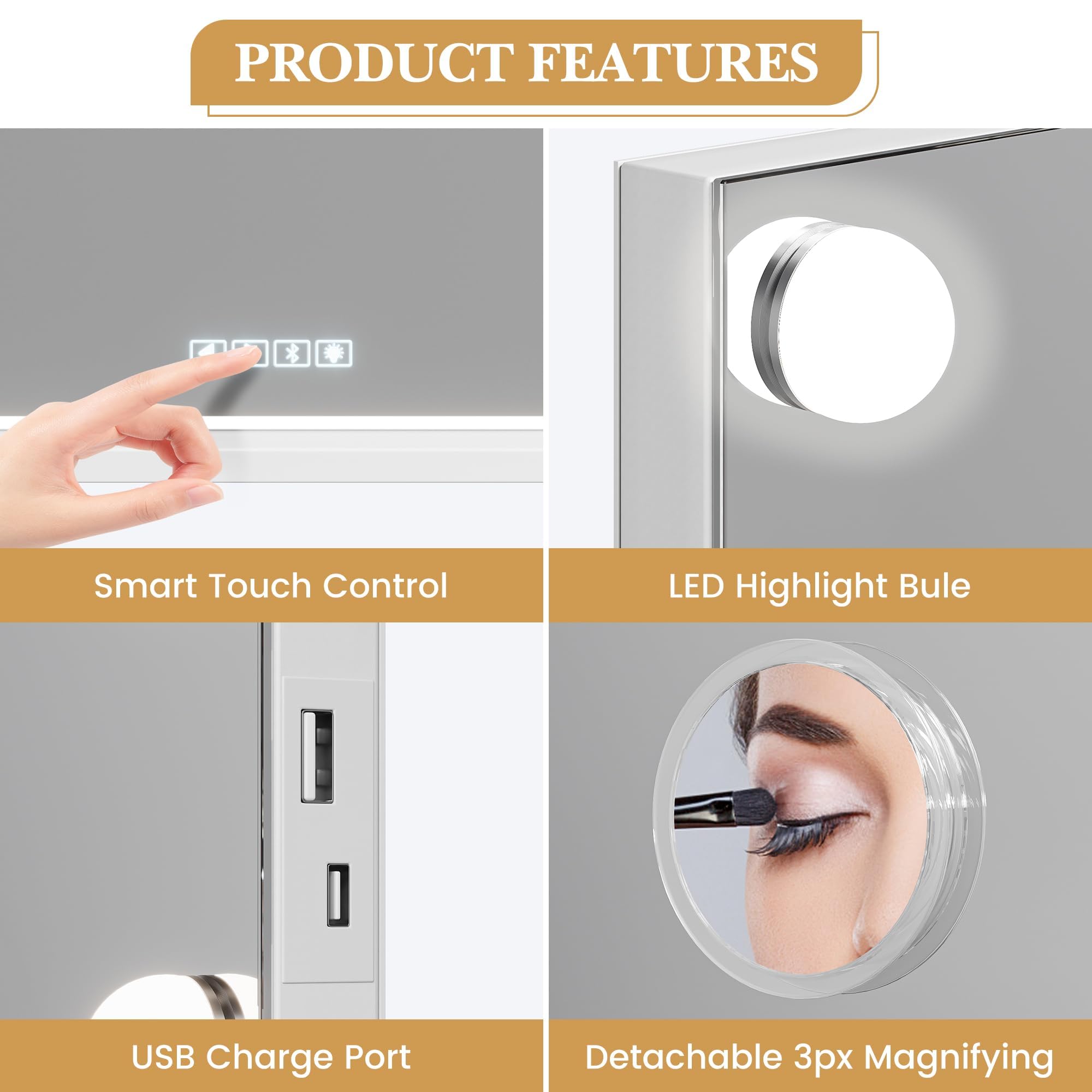 Vanity Mirror with Lights, Equipped with 17 Adjustable LED Lights, Featuring 3X Magnification, Smart Touch Controls with Three Adjustable Color Modes, and a Sleek White Metal Frame for a Modern Look