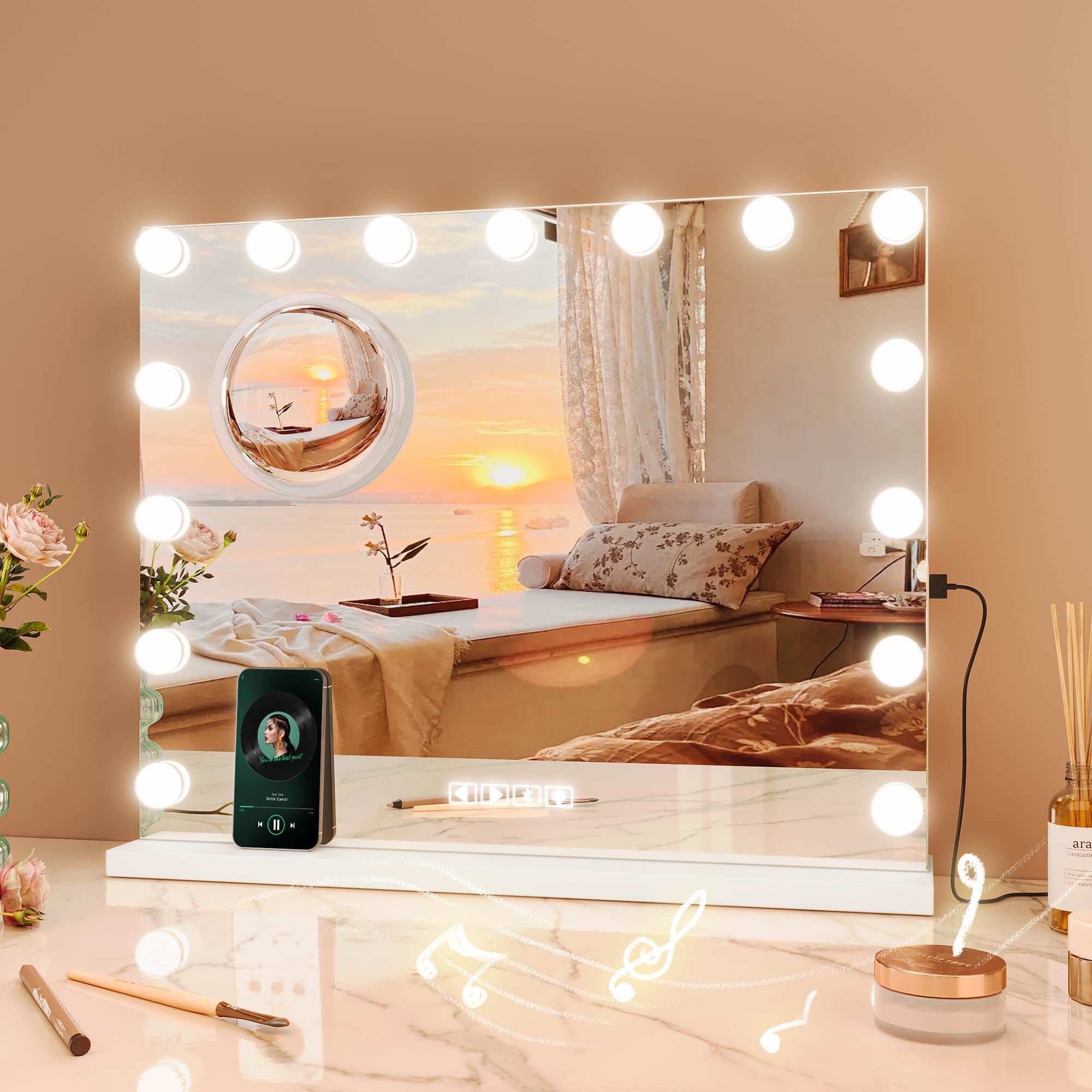 Vanity Mirror with Lights, Equipped with 17 Adjustable LED Lights, Featuring 3X Magnification, Smart Touch Controls with Three Adjustable Color Modes, and a Sleek White Metal Frame for a Modern Look