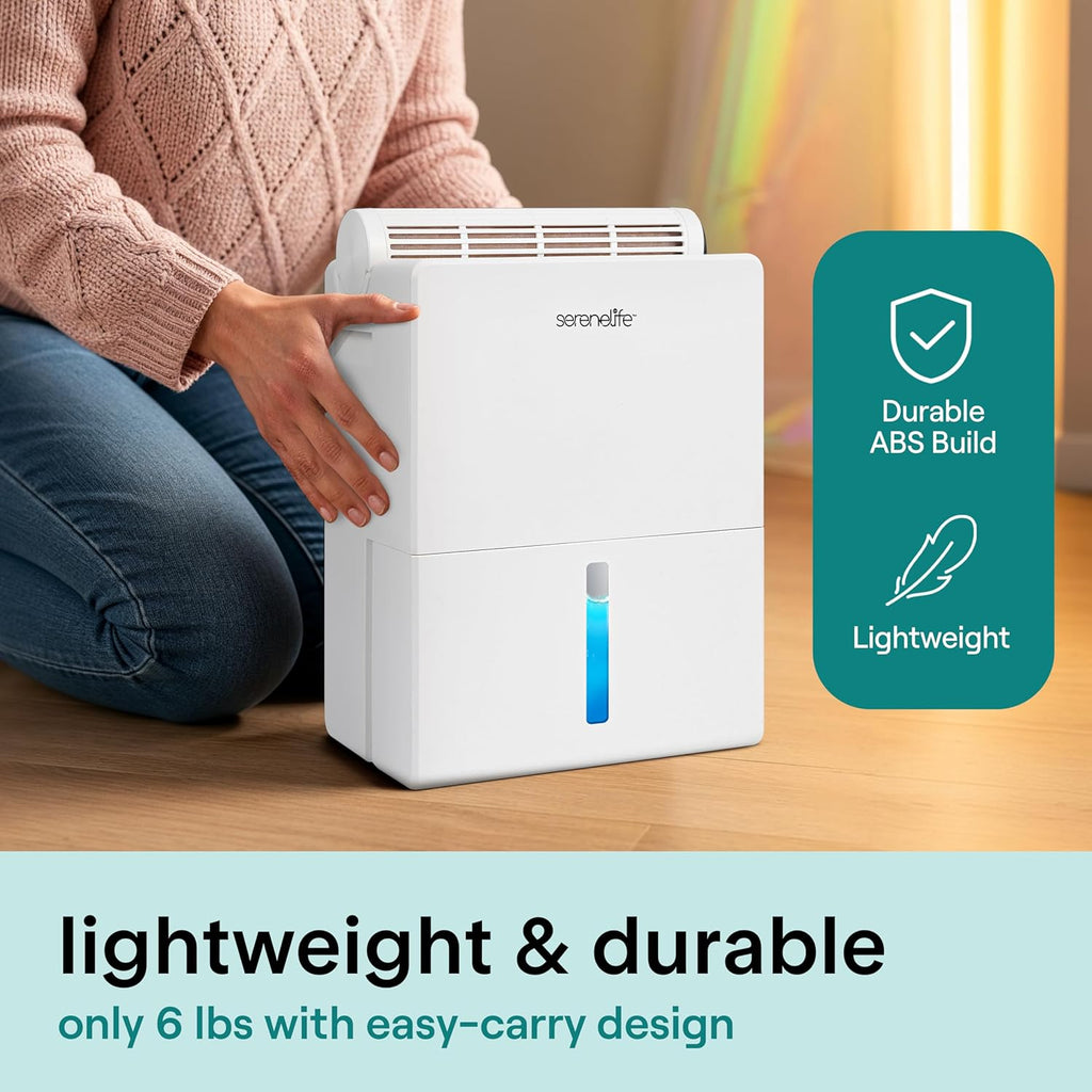 SereneLife 91oz. Dehumidifier - Semiconductor Dehumidifier with Automatic Shut off, Defrost, Timer, & Sleep Mode, Humidity Control, 0.6-Gallon Tank, Quiet Design for Home - Covers 215 sq.ft. (White)