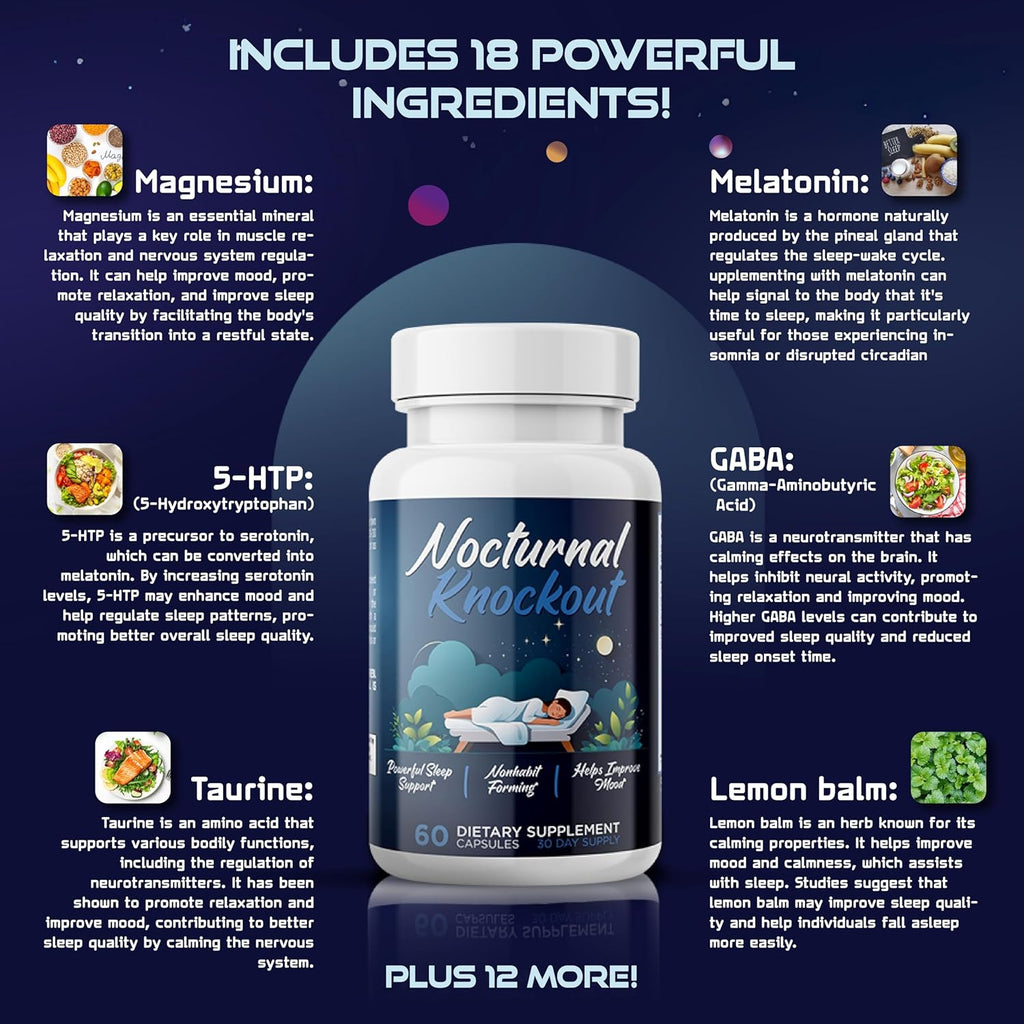 Nocturnal Knockout | 18 in 1 Powerful Sleep Aid for Adults | Non Habit Forming 3rd Party Tested Formula | Magnesium, Melatonin, 5-HTP, Taurine, GABA + 13 More | No Prescription Required - 60 Capsules